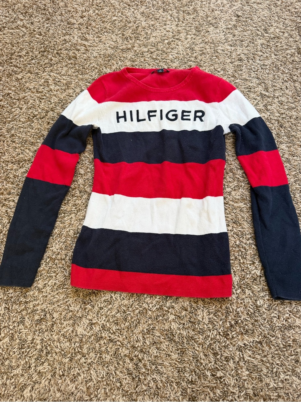 Tommy Hilfiger Red White Navy Striped Long Sleeve Crewneck